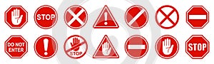 Set stop red sign icon with white hand, do not enter. Warning stop sign - vector