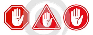 Set stop red sign icon with white hand - vector