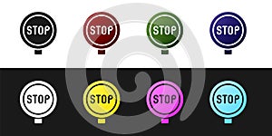 Set Stop sign icon isolated on black and white background. Traffic regulatory warning stop symbol. Vector