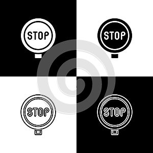 Set Stop sign icon isolated on black and white background. Traffic regulatory warning stop symbol. Vector