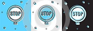 Set Stop sign icon isolated on blue and white, black background. Traffic regulatory warning stop symbol. Vector