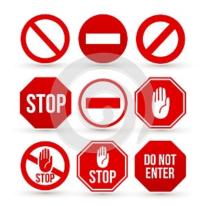 Set of Stop sign icon. No sign, red warning. Flat minimal style. Vector illustration. Isolated on white background