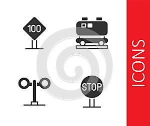 Set Stop sign, Speed limit traffic 100 km, Train light and Oil railway cistern icon. Vector