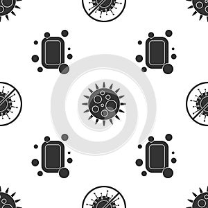 Set Stop virus, Virus and Bar of soap on seamless pattern. Vector