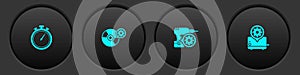 Set Stopwatch, CD or DVD disk setting, Drill machine and Toaster icon. Vector
