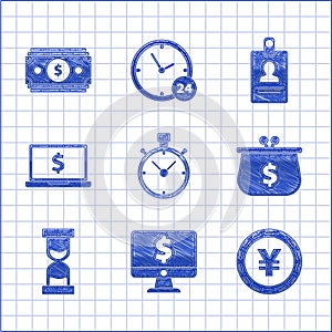 Set Stopwatch, Computer monitor with dollar symbol, Coin money Yen, Wallet, Old hourglass flowing sand, Laptop