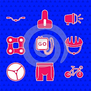 Set Stopwatch, Cycling shorts, Bicycle, helmet, wheel, chain, head lamp and handlebar icon. Vector