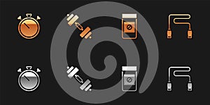 Set Stopwatch, Dumbbell, Anabolic drugs and Jump rope icon. Vector