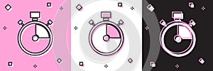 Set Stopwatch icon isolated on pink and white, black background. Time timer sign. Chronometer sign. Vector
