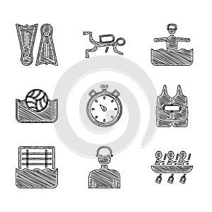 Set Stopwatch, Swimmer, Canoe rowing team sports, Life jacket, Water polo, gymnastics and Flippers for swimming icon