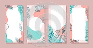 Set Stories colorful Memphis modern abstract shapes Blue Pink pastel with Leaf backgrounds vector