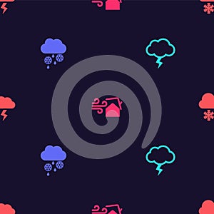 Set Storm, Cloud with snow and rain, Tornado swirl and lightning on seamless pattern. Vector