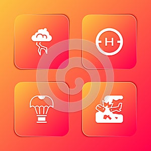 Set Storm, Helicopter landing pad, Box flying on parachute and Plane crash icon. Vector