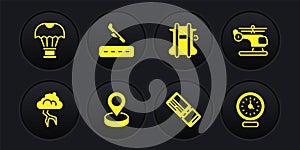 Set Storm, Helicopter, Location, Airline ticket, Parachute, Plane landing, Clock and Box flying parachute icon. Vector