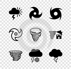 Set Storm, Tornado, Cloud with snow and lightning, and icon. Vector
