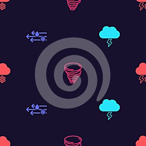 Set Storm, Wind and rain with snow, Tornado and Cloud lightning on seamless pattern. Vector