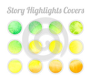 Set of Story Highlights Covers Icons. Colorful watercolor background. Green, yellow and orange bright colors.