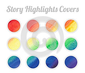 Set of Story Highlights Covers Icons. Colorful watercolor background. Red, orange, yellow, green, blue, purple bright colors.