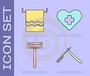 Set Straight razor, Towel on a hanger, Shaving razor and Heart with a cross icon. Vector