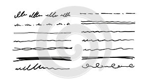 Set of straight, wavy and broken line doodles in pen, pencil underline, vector doodles, hand drawn design elements