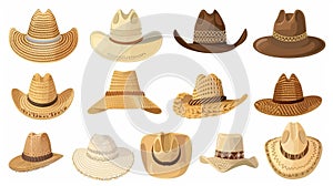 Set of straw hats with brims. Country, farm, beach, cowboy, Mexican, Asian styles. Sun panama, sombrero. Modern