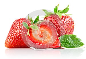 Set strawberry berry with cut and green leaf