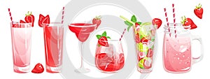 A set of strawberry cocktails.Summer refreshing alcoholic and non-alcoholic beverages.