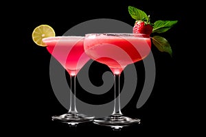 Set of strawberry daiquiri garnished with slice of lime on a black background. Classic Hemingway cocktail