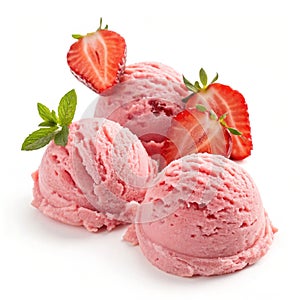 Set of strawberry scoop of delicious pink ice cream isolated on white background photo