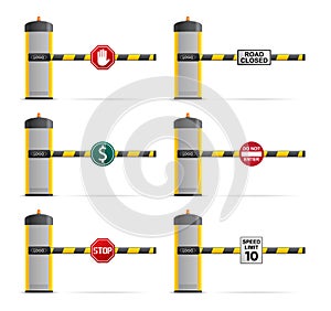 Set of street barriers with road signs. Checkpoint concept.