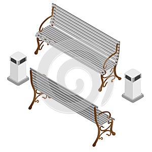 Set with a street bench with trash cans isolated on a white background. Flat style. Isometric view. Vector illustration