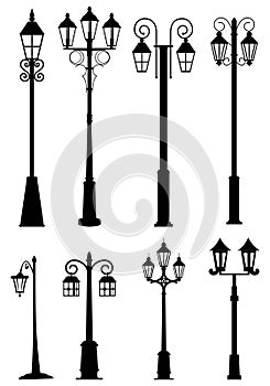 Set of Street Lamps silhouette, Vintage Street Light vector Illustration Isolated on White Background