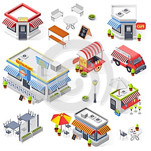 Set Of Street Restaurant And Cafe Isometric Icons