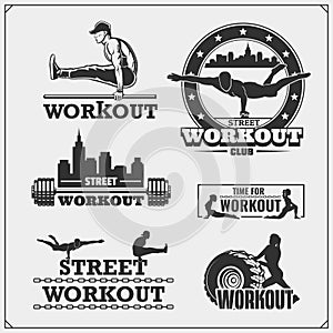 Set of Street Workout and fitness emblems and labels. Athletes illustrations and silhouettes.