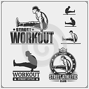 Set of Street Workout and fitness emblems and labels. Athletes illustrations and silhouettes.
