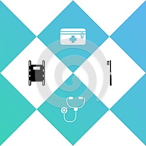 Set Stretcher, Stethoscope, First aid kit and Toothbrush icon. Vector