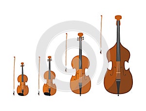 Set of string instruments playing by bowing the strings