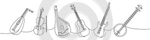 Set of string musical instruments. Lute, violin, bandura, acoustic guitar, electric bass guitar, american banjo