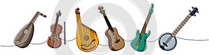 Set of string musical instruments. Lute, violin, bandura, acoustic guitar, electric bass guitar, american banjo