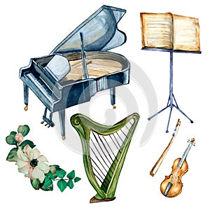 Set of string musical instruments and white flower watercolor illustration on white.