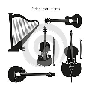 Set of stringed instruments on the white background