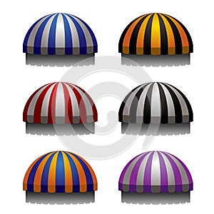 Set of striped awnings for shop and marketplace