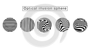 Set of striped illusion spheres. Abstract 3d black and white illusions. Vector illustration.