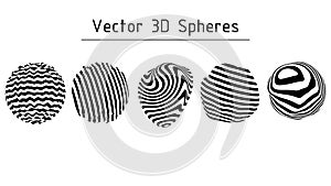 Set of striped illusion spheres. Abstract 3d black and white illusions. Vector illustration.