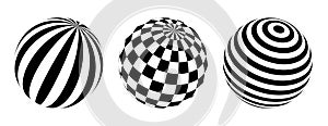 Set of striped spheres. Balls whith black and white lines. Vector optical illusion