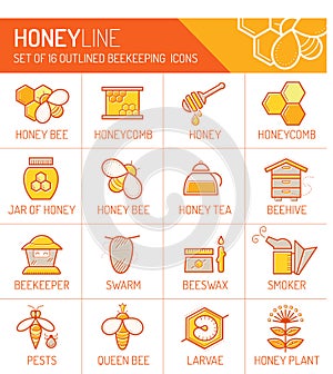 Set of stroked colorful honey and beekeeping icons photo