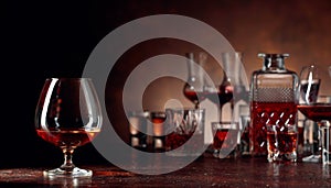 Set of strong alcoholic beverages in glasses on a brown background