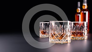 A set of strong alcoholic beverages in glasses, in the presence of whiskey, vodka, rum, brandy, tequila, on a dark background