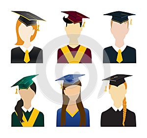 Set of student avatars in graduation ceremonial clothing. Boys and girls portraits n graduate hats and mantles. Jpeg photo