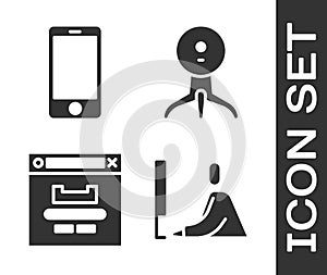 Set Student working at laptop, Mobile phone, Browser window and Web camera icon. Vector